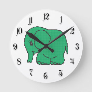 Hübscher Kreuzstich-grüner Elefant Runde Wanduhr