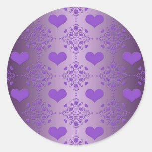Hübscher Lavendel Lila Hearts Damask Runder Aufkleber