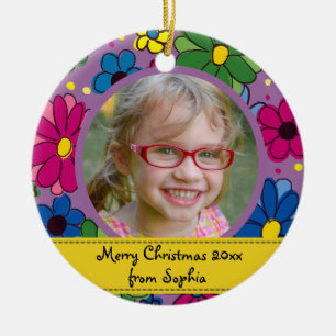 Hübscher lila Blumen Kinder Foto Rahmen Weihnachte Keramik Ornament