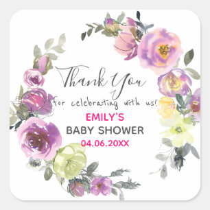 Hübscher lila Blumenkranz Dankeschön Baby Shower Quadratischer Aufkleber