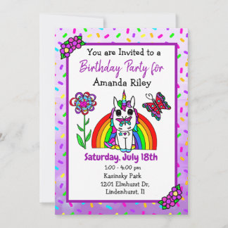 Hübscher Lila Geburtstag von Unicorn und Regenboge Einladung