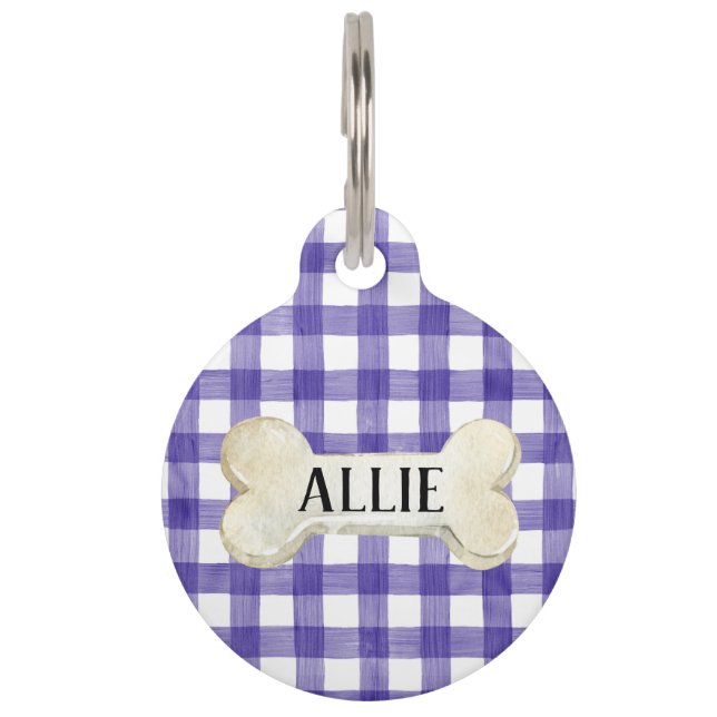 Hübscher Lila Karierter Personalisierter Hund Haustiermarke (Vorderseite)