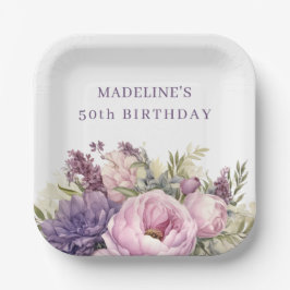 Hübscher Lila Rosa Aquarell Floral 50. Geburtstag Pappteller