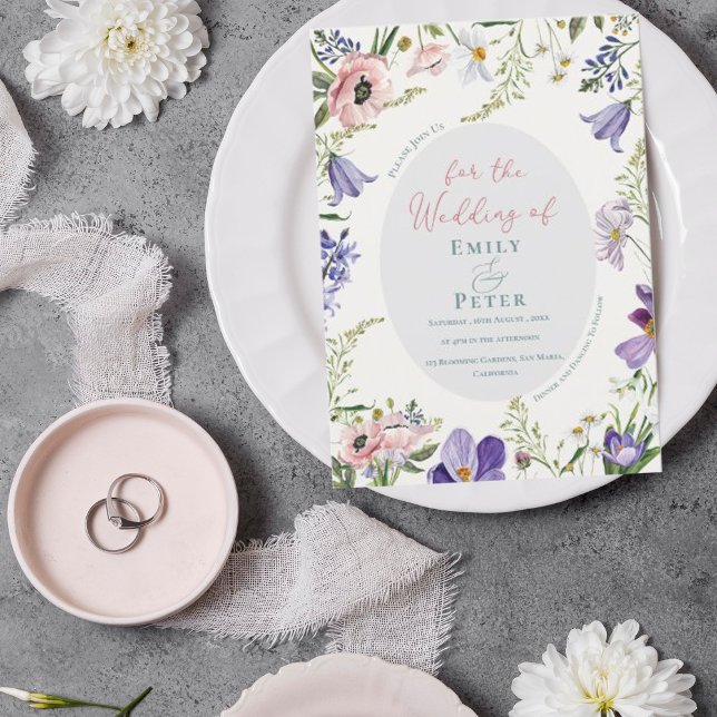 Hübscher Lila Rosa Blumenstrauß Einladung (Pretty Purple Blush Pink Floral Border Wedding  Invitation)