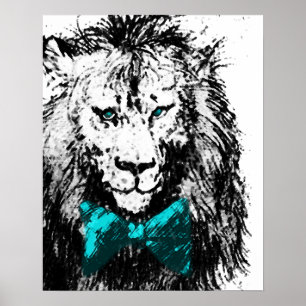 Hübscher Löwe mit blauem Schleifenkrawatte und Aug Poster