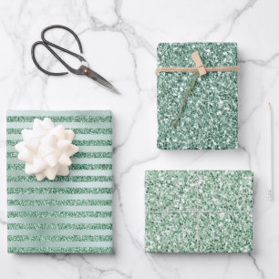Hübscher Minze Grüner Glitzer Ombre Streifen       Geschenkpapier Set