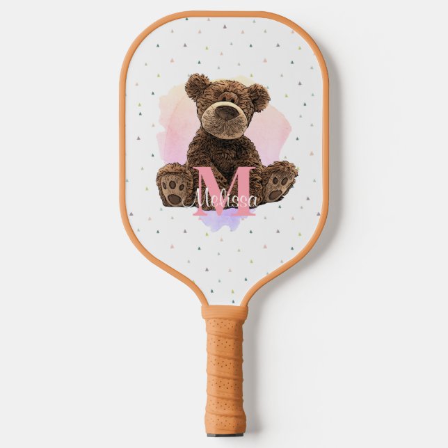 Hübscher Monogramm Aquarellname Rosa Teddybär Pickleball Schläger (Vorderseite)