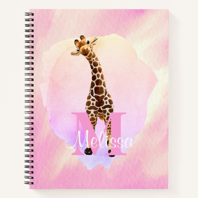 Hübscher Monogramm Wasserfarbname Kinder Giraffe  Notizbuch (Vorderseite)