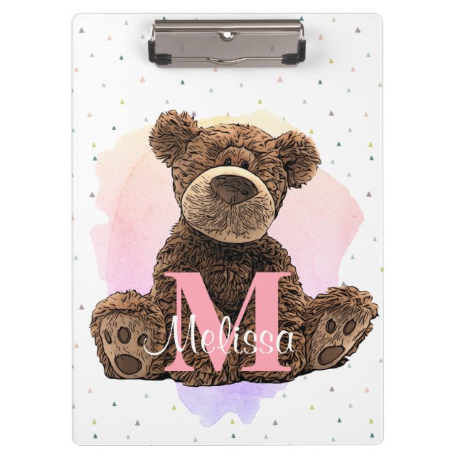 Hübscher Monogramm Wasserfarbname Kinder Teddybär Klemmbrett (Vorderseite)