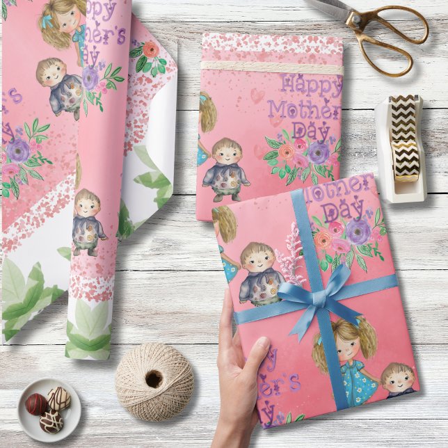 Hübscher Muttertag Blumenkids Wrapping Paper Geschenkpapier (Pretty Mother's Day Floral Kids Wrapping Paper)