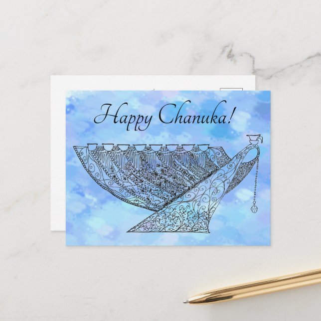 Hübscher Pen und Tinte Chanukah Menorah auf Blauen Postkarte (Vorderseite/Rückseite Beispiel)