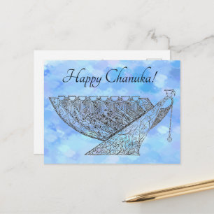 Hübscher Pen und Tinte Chanukah Menorah auf Blauen Postkarte