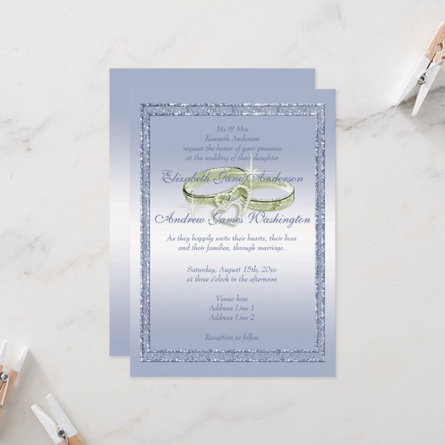 Hübscher Periwinkle Glitzer & Hochzeitsrings Einladung (Vorderseite/Rückseite Beispiel)