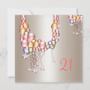Hübscher Pewter Peach Pearls Stars 21. Einladung