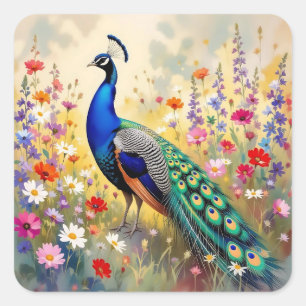 Hübscher Pfau auf einem Blumenfeld Quadratischer Aufkleber