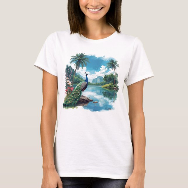 Hübscher Pfau im tropischen Paradies T-Shirt (Vorderseite)