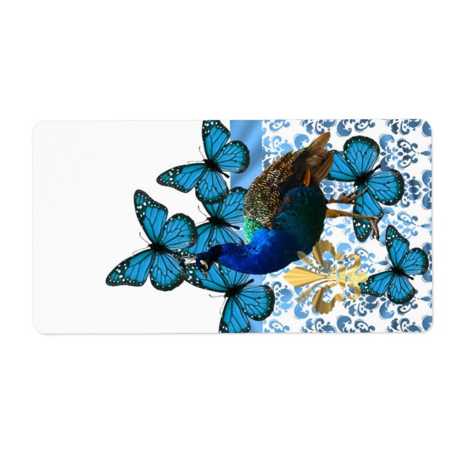 Hübscher Pfau und blaue Schmetterlinge (Vorne)