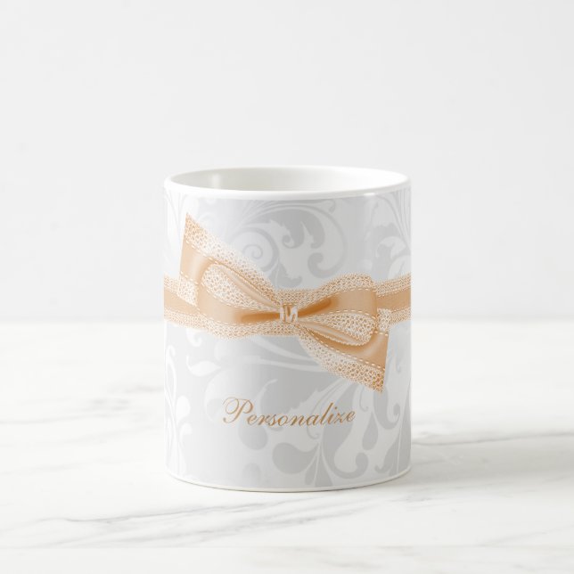 Hübscher Pfirsich-Imitat-Bogen u. Band u. Damast Kaffeetasse (Mittel)