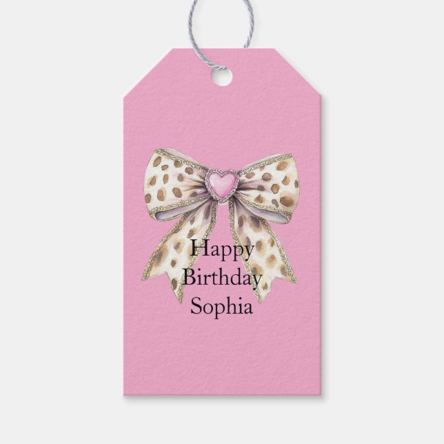 Hübscher Pink Heart Leopard Girly Bow Geburtstag Geschenkanhänger (Vorderseite)