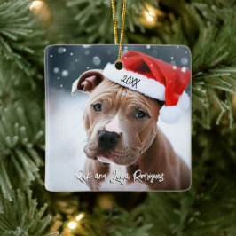 Hübscher Pit Bull mit Weihnachtsmannmütze Weihnach Keramikornament