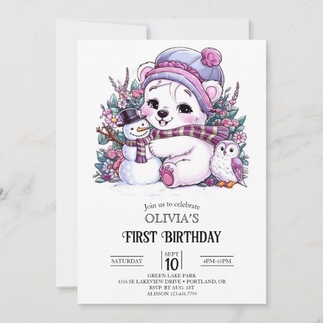 Hübscher Polarbär 1. Geburtstag digital Einladung (Vorderseite)