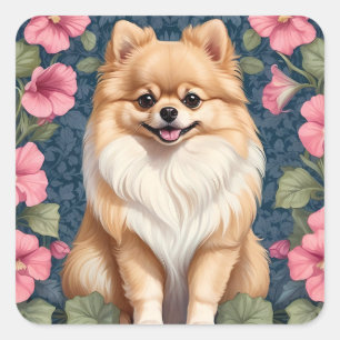 Hübscher Pomeranian-Hund mit rosa Petunien  Quadratischer Aufkleber
