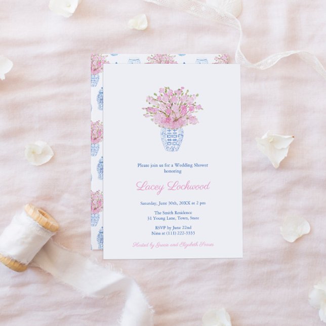 Hübscher Preppy Pink Blue Chinoiserie Polterabend Einladung (Pretty Pink And Blue Ginger Jar Bridal Or Wedding Shower Invitation)