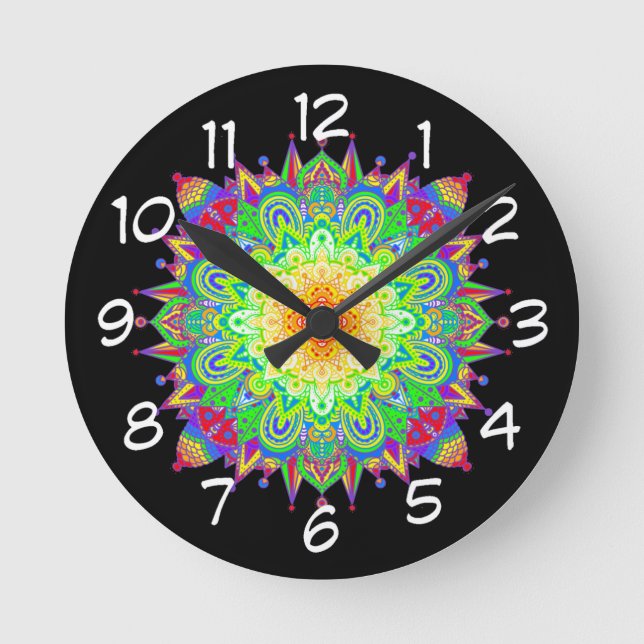 Hübscher Regenbogen Farbe Mandala Abstrakte Kunst Runde Wanduhr (Vorderseite)