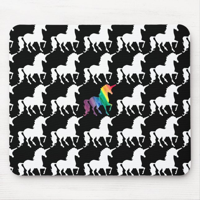 Hübscher Regenbogenunicorn-schwarzer u. weißer Mousepad (Vorne)