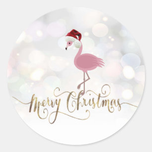 Hübscher rosa Flamingo mit Weihnachtsmannmütze Runder Aufkleber