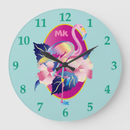 Hübscher rosa Flamingo-tropische Hibiskus-Blumen Große Wanduhr