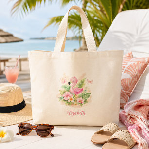 Hübscher Rosa Flamingo Tropisches Floral  Jumbo Stoffbeutel