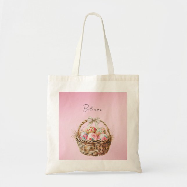 Hübscher rosa Frühlingsblumen-Oster-Eier-Korbbogen Tragetasche (Vorne)