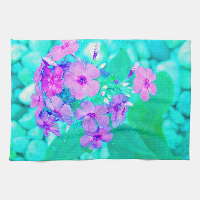 Hübscher Rosa Garten Phlox Blume Aquamarine Geschirrtuch (Horizontal)