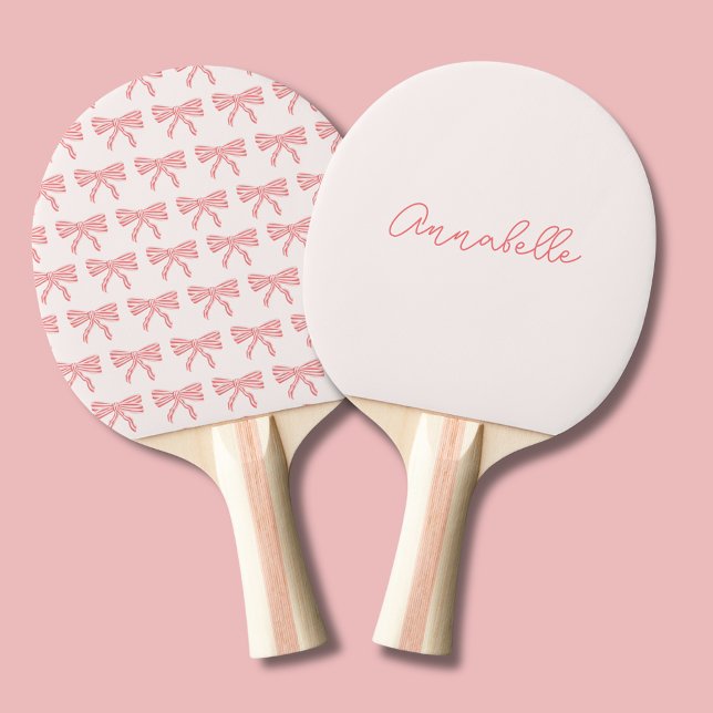 Hübscher rosa gestreifter Bugname Tischtennis Schläger (Coquette Pink bow pig pong bat, personalize with your own name or choice of text.)