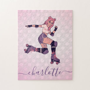 Hübscher Rosa Haar Rollerblading Skater Name Puzzle