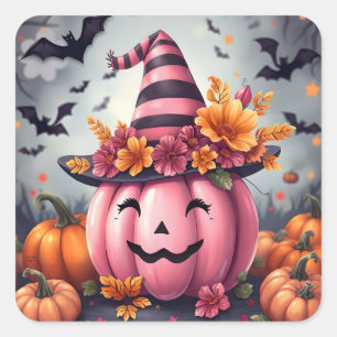 Hübscher rosa Halloween-Kürbis Jack-o-lantern Quadratischer Aufkleber