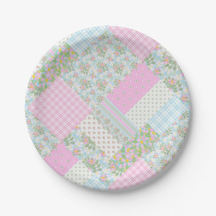 Hübscher rosa Hundsrosen-Falsch-Patchwork-Papierte Pappteller