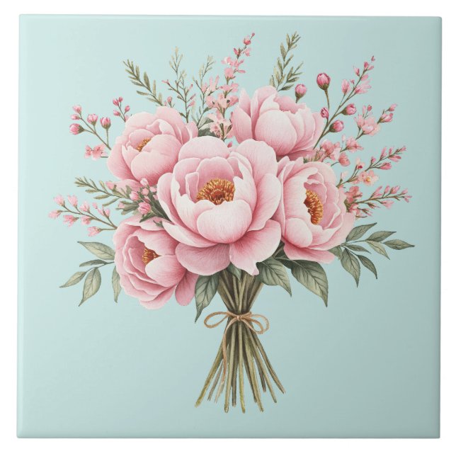 Hübscher rosa Pfingstrosen-Blumenstrauß Fliese (Vorderseite)