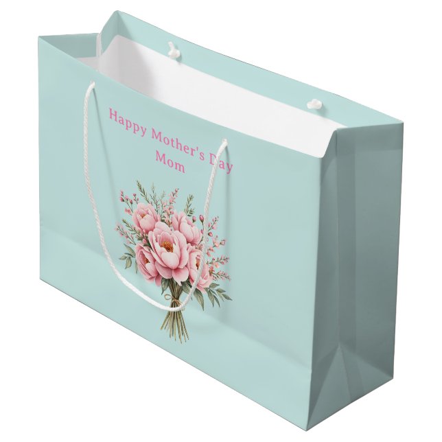 Hübscher rosa Pfingstrosen-Blumenstrauß zum Mutter Große Geschenktüte (Vorderseite Schrägansicht)