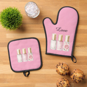 Hübscher rosa Rosentöne-Nagel-Farblack Ofenhandschuh & Topflappen-Set