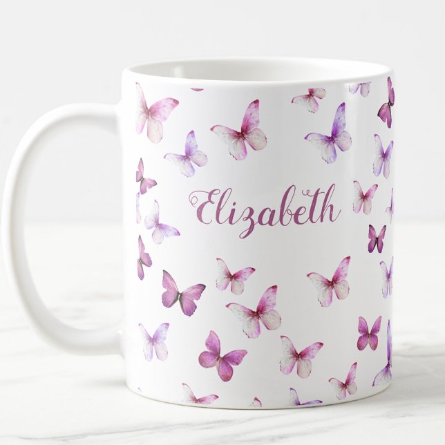 Hübscher Rosa Schmetterlinge Individuelle Name Kaffeetasse (Von Creator hochgeladen)