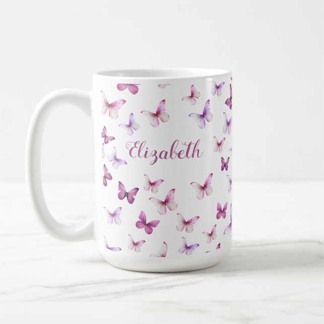Hübscher Rosa Schmetterlinge Individuelle Name Kaffeetasse (Links)