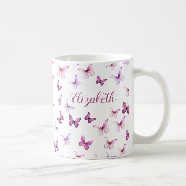 Hübscher Rosa Schmetterlinge Individuelle Name Kaffeetasse (Rechts)