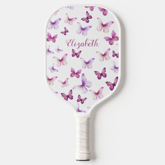 Hübscher Rosa Schmetterlinge Individuelle Name Pickleball Schläger (Vorderseite)