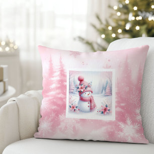 Hübscher rosa Schneemann Winter Szene Kinderzimmer Kissen