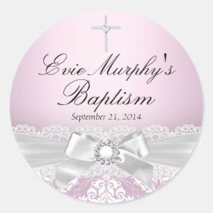 Hübscher Rosa Silber Damast & Schleife Taufe Aufkl Runder Aufkleber