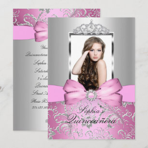 Hübscher rosa silberner Bogen & Tiara Quinceanera Einladung