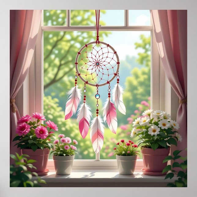 Hübscher rosa Traumfänger und Pflanzen auf der Fen Poster (Vorne)
