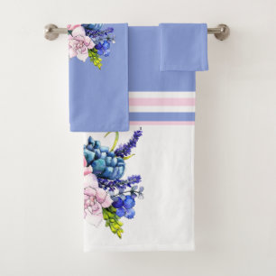 Hübscher rosa und blauer Rosenblüten-Druck Badhandtuch Set